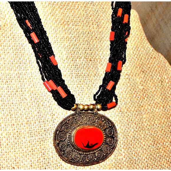 BoHo Bold Red & Brass Beaded Necklace - Picture 1 of 14